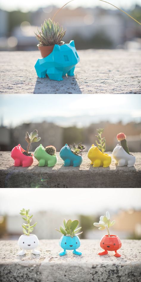 These Bulbasaur-shaped planters by Anqi Chen of PrintAworld reimagine the popular Pokémon as small planters that hold your favorite greenery on their backs. Pokemon Planter, Creative Planters, Bulbasaur Planter, 3d Tiskárna, 3d Printer Pen, Drukarka 3d, Creative Planter, 3d Printing Art, 3d Printer Designs