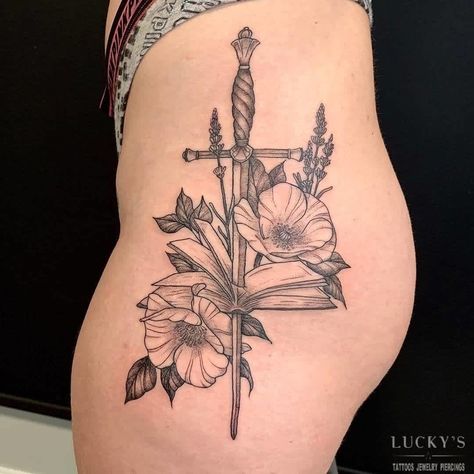 The Pen Is Mightier Than the Sword Morally Grey Tattoo, The Pen Is Mightier Tattoo, Book And Dagger Tattoo, Dagger Thigh Tattoos Women, Book Thigh Tattoos Women, Fbaa Tattoos, Tattoos Fantasy Art, Fandom Tattoo Ideas, Fantasy Dagger Tattoo