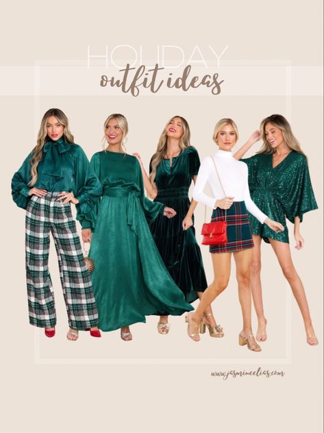 Holiday outfits Christmas Colour Outfit, Green And White Christmas Outfits, Hunter Green Christmas Outfits, Christmas Green Outfit Ideas, Christmas Outfit Themes, Green Christmas Outfit Women, Christmas Outfits 2023, Christmas Green Outfit, Womens Holiday Outfits