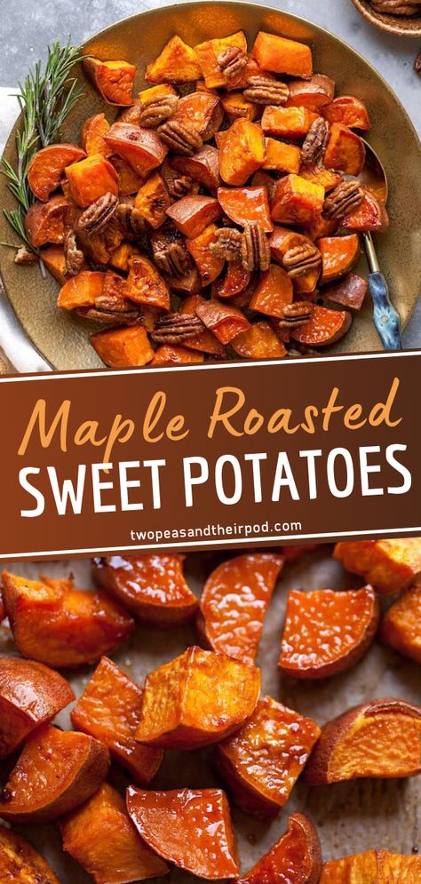 Maple Roasted Sweet Potatoes are perfect for the holidays! The prep for this recipe is super simple. Tossed in maple and cinnamon, this easy vegetable side dish becomes perfectly sweet and delicious! Serve them on Thanksgiving and watch everyone come back for seconds! Maple Glazed Sweet Potatoes, Maple Sweet Potatoes, Sweet Potato Side Dish, Sweet Potato Recipes Roasted, Sweet Potato Sides, Recipes Sides, Sweet Potato Thanksgiving, Glazed Sweet Potatoes, Thanksgiving Side Dish