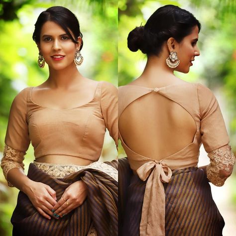 Bow-tie is not just for the men. This beige chiffon blouse with a tie-up back shows how to rock a western trend at ease. The elbow length… #sareeblousedesign #blousedesign Knot Blouse Design, Blows Design, Dress Drafting, Chiffon Blouses Designs, Blouse Images, Boat Neck Blouse Design, Western Trend, Backless Blouse Designs, Saree Blouse Neck Designs