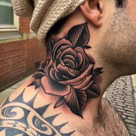 Rose Neck Tattoo, Full Neck Tattoos, Feather Tattoo Meaning, Flower Men, Tattoo Neck, Throat Tattoo, Neck Tattoo For Guys, Healing Tattoo, Disney Tattoo