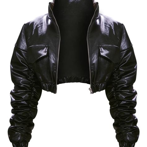 Inject Some Fierce Vibes To Your Outfit Of The Day With This Bomber Jacket. Featuring A Black Faux Leather Material With Ruched Sleeves And A Cropped Length, We Are In Love. Style Over Your Outfit Of The Day To Have All Eyes On You. Length Approx 52cm/20.5" (Based On A Sample Size S) Black Cropped Jacket, Ruched Sleeve, Cropped Leather Jacket, Leather Jacket Outfits, Love Style, Pretty Little Thing, Crop Jacket, Black Faux Leather, S Models