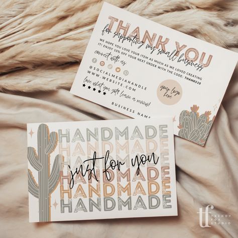 When you sell your fabulous product, don’t forget to say thank you to your customer and keep them coming back again and again! The little details matter, and including a package insert thank you card elevates your brand experience to a whole new level. Delight your customers and encourage repeat sales. This boho western card template is the perfect way to share any messages about your product. Attract repeat customers by thanking them and offering them a promo code within your packaging. Encoura Western Business Cards Design, Western Thank You Cards, Boutique Thank You Cards, Thank You Small Business, Western Business Ideas, Package Insert Ideas, Western Packaging Design, Etsy Thank You Cards, Western Business Names