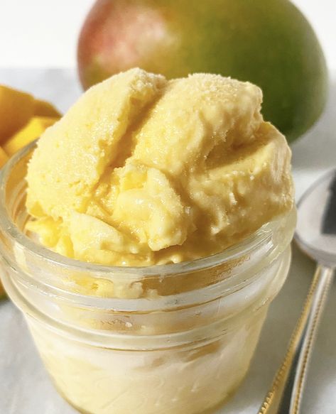 Easiest Ever Mango Sherbet | e2 bakes brooklyn Unsweetened Condensed Milk, Mango Sorbet Recipe, Sherbet Recipes, Sorbet Recipe, Mango Sorbet, Mango Chunks, Frozen Fruit, Sweetened Condensed Milk, Ice Cream Maker