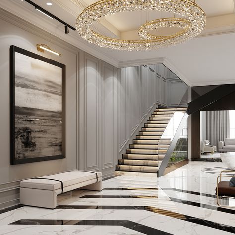 NeoClassic Villa Hall on Behance Elegant Staircase, Art Deco Style Interior, Corridor Design, Marble Floors, Neoclassical Interior, Stairway Design, Hallway Designs, House Arch Design, Hotel Bedroom