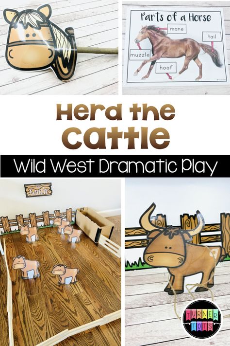 Use a stick horse to round up the cattle on the ranch. Collect the cattle and get them into the pasture as one of your cowboy chores with this dramatic play activity for preschool. #activities for preschool #activity #activity for toddlers #preschool Rodeo Day Preschool Games, Cowboy Science Preschool, Cowboy Projects For Preschool, Texas Preschool Theme, Bubba The Cowboy Prince Activities, Life On The Range Preschool Activities, Cowboy Dramatic Play, Preschool Cowboy Activities, Western Activities For Preschool