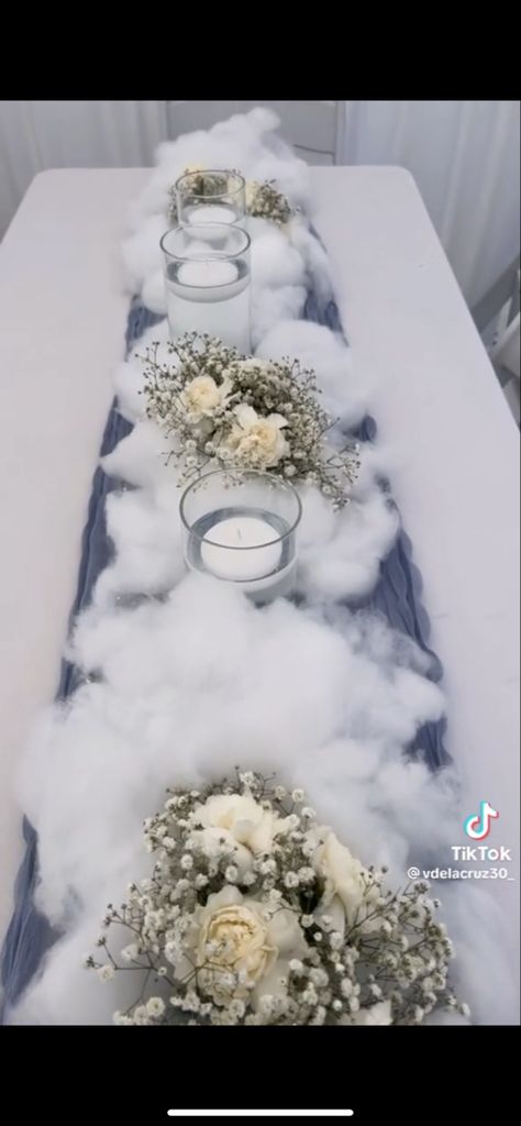 Wedding Cloud Theme, Cloud Theme Wedding Decoration, Cloud Centerpieces Shower Ideas, Heavenly Bodies Theme, Over The Clouds Baby Shower Theme, Cloud 9 Bridal Shower Centerpieces, White Party Decorations Elegant, On Cloud Nine Table Decor, Gender Reveal Twinkle Twinkle Theme Decor