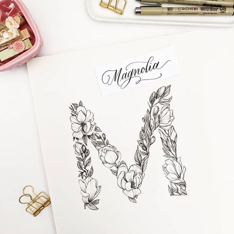 Magnolia flower drawing| flowers that start with M | flower alphabet | letter M | flower doodles | alphabets | floral alphabets | lettering | floral lettering Flower Letters Drawing, Magnolia Flower Drawing, Alphabet Painting, Mum And Daughter Tattoo, Drawing Tiktok, Letters Drawing, M Letter Images, Floral Lettering, Flowers Letters