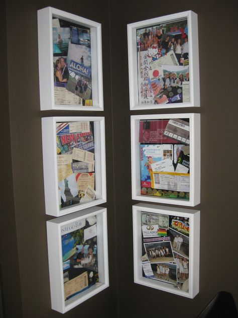 Love to look at these shadow boxes everyday in our kitchen of family vacations! Framed Travel Souvenirs, Shadow Box Gallery Wall, Diy Maps, Travel Shadow Boxes, Ticket Shadow Box, Postcard Display, Souvenir Display, Family Gallery Wall, Postcard Wall