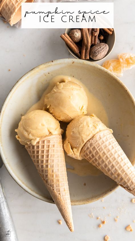 This pumpkin ice cream is the best way to celebrate your love of pumpkin spice! We make an ultra-creamy pumpkin custard, infuse it with whole spices, and churn it all up in an ice cream maker (with a splash of bourbon if you’re feeling bold). The ice cream basically tastes like frozen pumpkin pie. No Sugar Ice Cream, Vegan Sorbet, Frozen Pumpkin Pie, Peach Ice Cream Recipe, Ice Creamery, Aesthetic Health, Frozen Pumpkin, Tattoo Health, Pumpkin Ice Cream