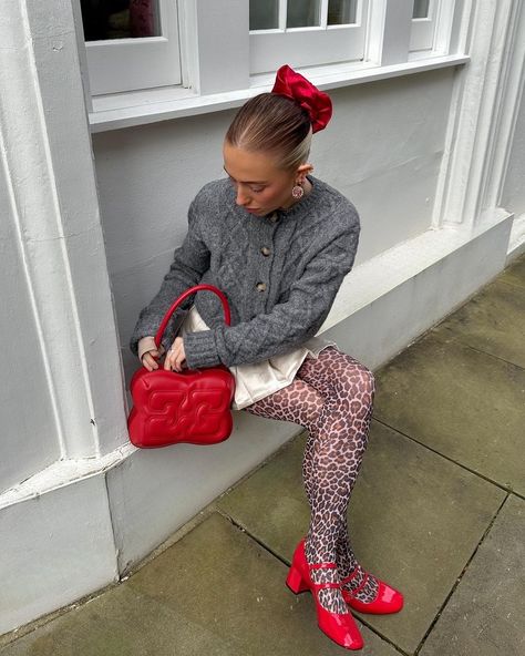 cutest @chlodavie in the rigel cardi Cheetah Print Tights Outfit, Cheetah And Red Outfit, Leopard Tights Outfit, Printed Tights Outfit, Fashion Boutique Interior, Leopard Print Tights, Leopard Tights, Print Tights, Leopard Print Outfits