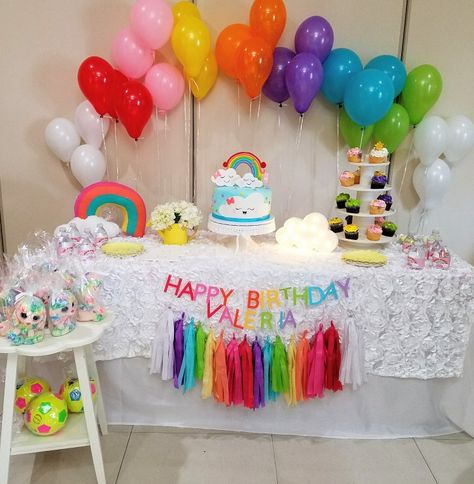 Rainbow birthday cake table! Rainbow balloon arch! Activities For 1st Birthday, Rainbow Cake Table, Rainbow Table Decorations, 6 Month Birthday Ideas, Rainbow Birthday Party Cake, Birthday Rainbow Cake, 40th Birthday Celebration Ideas, Birthday Party Cake Table, Rainbow Cake Recipe