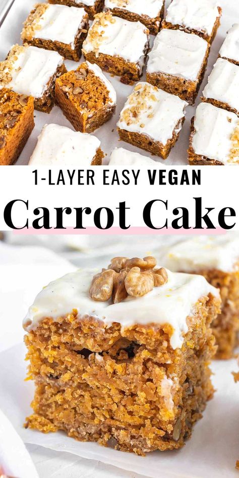 Despite having less sugar, less oil, and no eggs, this cake's taste is incredible and rich, and the texture is light and moist, just like the carrot cake of your best dreams. Healthier Carrot Cake, Carrot Cake Vegan, Carrot Recipes Dessert, Carrot Cake Recipes, Cake Recipe Moist, Vegan Carrot Cake Recipe, Carrot Desserts, Carrot Cake Bars, Carrot Cake Recipe Easy