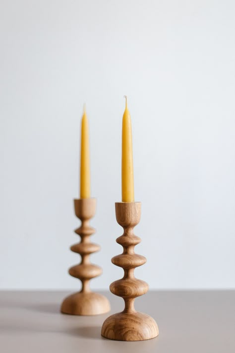 Set of 2 Handturned Minimalist Wood Candlestick Wave Oak Wood - Etsy New Zealand Wood Turned Candle Holders, Display Dishes, Turned Candle Holders, Turned Candlesticks, Lamp Vase, Wooden Candlestick Holders, Wood Turning Ideas, Beeswax Taper Candles, Woodturning Ideas