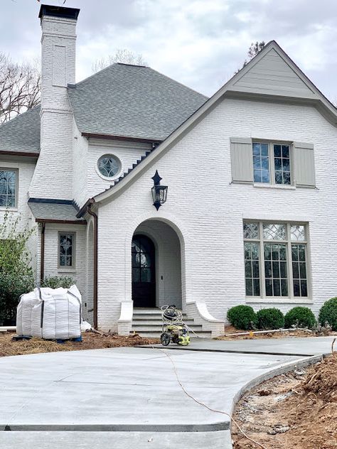 PROJECT UPDATE - design indulgence Bm Balboa Mist, White Brick House, Amazing Gray, Painted Brick Exteriors, Balboa Mist, Painted Brick House, Brick Exterior House, Exterior Paint Colors For House, Casa Exterior