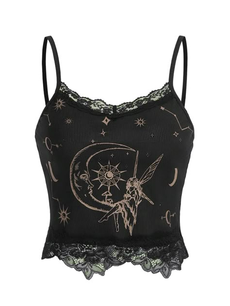 [PaidAd] The SOLY HUX Women's Y2k Lace Trim Cami Crop Top is a trendy and stylish piece that combines both Y2k and lace elements. The cami crop top features a sun and moon print, adding a unique and celestial touch to the overall design. This casual top is perfect for any Y2k-inspired outfit, whether it be for a day out with friends or a music festival. The lace trim adds a delicate and feminine touch, making it a versatile piece that can be dressed up or down. This cami crop top is a must-have for #camicroptopy2k Looks Outer Banks, Roblox Clothing Ideas, Moon Outfits, Y2k Inspired Outfit, Grunge Long Sleeve, Sun And Moon Print, Fairy Grunge Aesthetic, Crop Top Y2k, Boho Goth