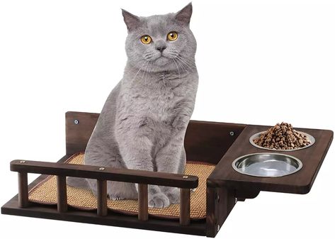 austy-wooden-cat-feeding-shelf Cat Feeder Diy, Cat Feeding Shelf, Elevated Cat Bowls, Cat Shelf, Cat Wall Shelves, Cat Wall Furniture, Cat Fountain, Cat Steps, Cat Perch