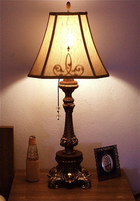 Ornate lamp made from the base of a 1970's reproduction French table. Old Table Lamps, Antique Desk Lamp, Vintage Table Lamp Antiques, Old Table Lamp, Lamp Reference, Classic Lamp, Antique Table Lamp, Lamp Painting, Dark Academia Lamp