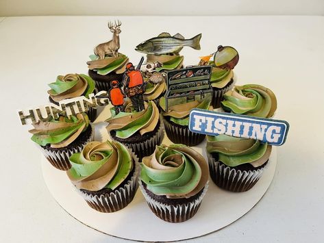 Hunting and Fishing Cupcakes - Cake's by Carolyn | Facebook Fishing Cupcakes For Men, Hunting And Fishing Birthday Party, Hunting Cupcakes, Hunting Cake Topper, Fishing Cupcakes, Hunting Cake, Cupcakes For Men, Hunting Birthday, Fishing Birthday Party