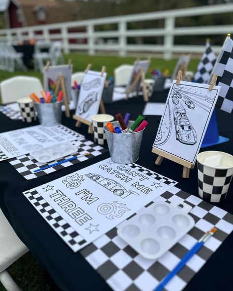 Can’t catch me I’m THREE 🏎️ 🏁 Great decor by the mom ❤️🤍🖤 Moms we do it all because we love our kiddos so much 😍 Can’t Catch Me I’m 3, Cant Catch Me Im Three, Race Car Centerpieces, Two Fast Centerpieces, Cant Catch Me Im 3, Blaze Birthday Party, Monster Jam Birthday, Two Fast Birthday, Birthday Party Checklist