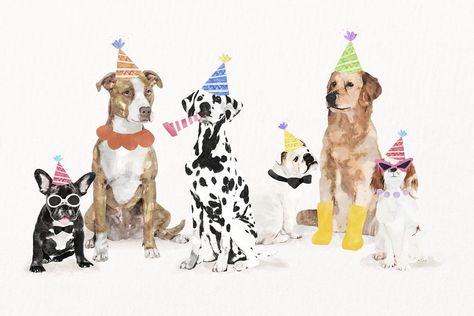 Watercolor dog birthday party illustration psd set with different breeds | premium image by rawpixel.com / Aum Birthday Party Illustration, Animal Party Hats, Giraffe Images, Dog Themed Birthday Party, Party Illustration, Giraffe Drawing, Giraffe Illustration, Animals Party, Elephant Birthday