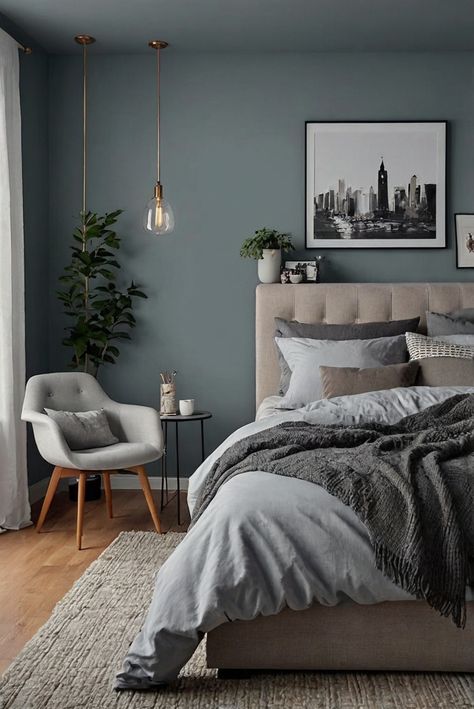 fireplace decorating, bedroom interior design, cozy bedroom decor, master bedroom fireplace Luxury Grey Bedroom Design, Grey Back Bed, Grey Bed Blue Walls, Bedroom Inspirations With Carpet, Grey Room With Accent Wall, Cozy Bedroom Grey Bed, Charcoal Blue Bedroom, Room With Grey Walls Bedroom Ideas, Dusty Blue Bedroom Walls