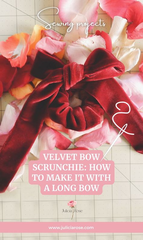 Bow scrunchie DIY: how to make long bow scrunchies Bow Scrunchie, Long Bow, Velvet Scrunchie, Velvet Bow, Fun Diy, Scrunchie Hairstyles, Sewing Hacks, Video Tutorial, Diy Sewing