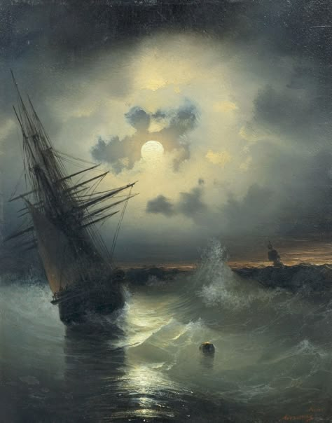 https://flic.kr/p/WWrwDV | aivazovsky, ivan constantinovich - A Sailing Ship on a High Sea by Moonlight | Ivan Constantinovich Aivazovsky  1817-1900  Rusland Ivan Konstantinovich Aivazovsky, Ivan Konstantinovich, Ivan Aivazovsky, Navi A Vela, Rough Seas, Marine Art, 수채화 그림, Paul Gauguin, Pierre Auguste Renoir