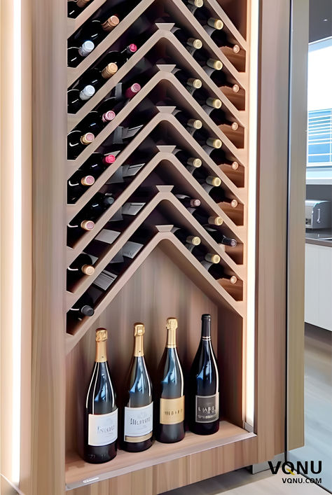 Sleek wall inset wine rack. Perfect for displaying your favorite bottles in style, adding sophistication to any space Cool Wine Rack Ideas, Modern Wine Racks For Wall, Built In Wall Wine Rack, Home Office Wine Room, Wood Wine Storage, Laundry Room With Wine Storage, In Wall Wine Storage, Diagonal Wine Rack, Wine Rack Wall Modern Dining Rooms