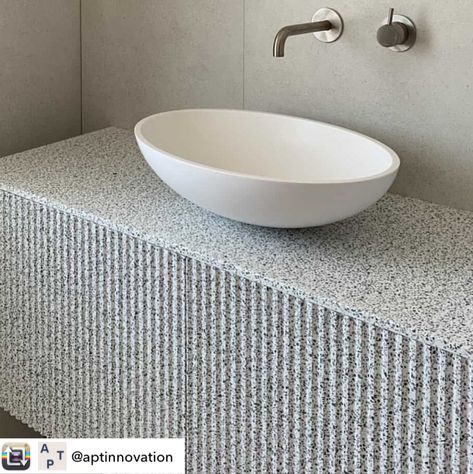 Repost from APT: Check out the fluting on this Corian®️ Domino Terrazzo piece designed by Annika Rowson. It’s pretty cool seeing what can be done with Corian! 🙌 Corian Sink Kitchen, Dune Prima Corian Countertops, Fluted Terrazzo, Corian Bathroom Sink, Corian Dune Prima, Corian Sheet, Corian Top, Corian Sink, Corian Solid Surface