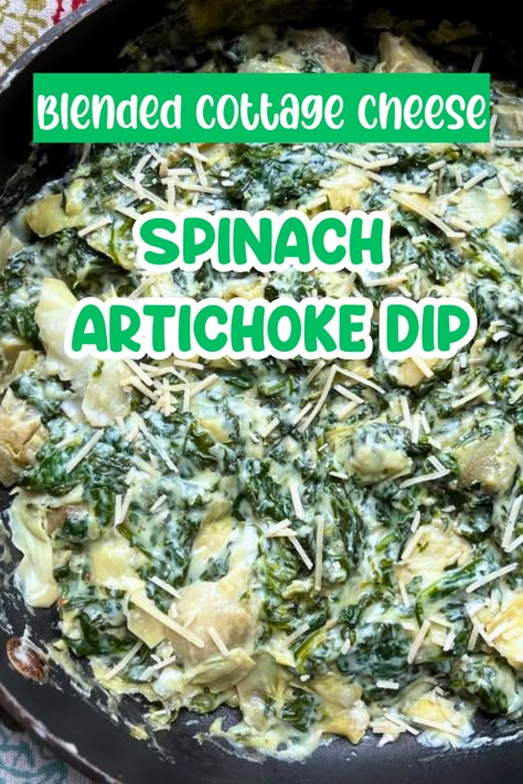 You may have noticed that blended cottage cheese has been viral on tiktok for some time now. Blending cottage cheese takes all the yuck out of cottage cheese and makes it a total yum. This version of Spinach Artichoke Dip has blended cottage cheese in place of cream cheese. Lower in fat and calories and higher in protein than most baked creamy spinach dips, this is not lacking in flavor! Keep your nutritional goals in check while Superbowl Snacking! Cottage Cheese Spinach Artichoke Dip, Spinach Artichoke Dip With Cottage Cheese, Cottage Cheese Dip For Veggies, Cottage Cheese Veggie Dip Recipes, Cottage Cheese Veggie Dip, High Protein Spinach Artichoke Dip Cottage Cheese, Spinach Cheese Dip, Creamy Spinach Dip, Spinach Dip Recipe