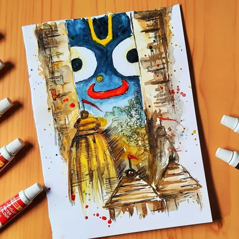 Happy Rath Yatra special painting with watercolor. Jagannath painting with watercolor. Watercolor painting tutorial. Learn watercolor by easy way. Lord Ganesha Watercolor Painting, Jagannath Watercolor Painting, Rath Yatra Drawing Easy, Jagannath Painting Easy Canvas, God Painting Indian Easy, Jagannath Rath Yatra Painting, Jagannath Sketch, Rath Yatra Painting, Jagannath Painting Art