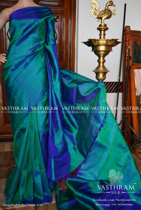 Peacock green plain Cost: 7800 inr Whatsapp:  91 7019277192 Peacock Blue Pattu Saree, Morpankh Colour Saree, Peacock Blue Saree Silk, Peacock Blue Wedding Saree, Peacock Colour Saree, Peacock Green Saree, Peacock Blue Saree, Peacock Saree, Plain Silk Saree