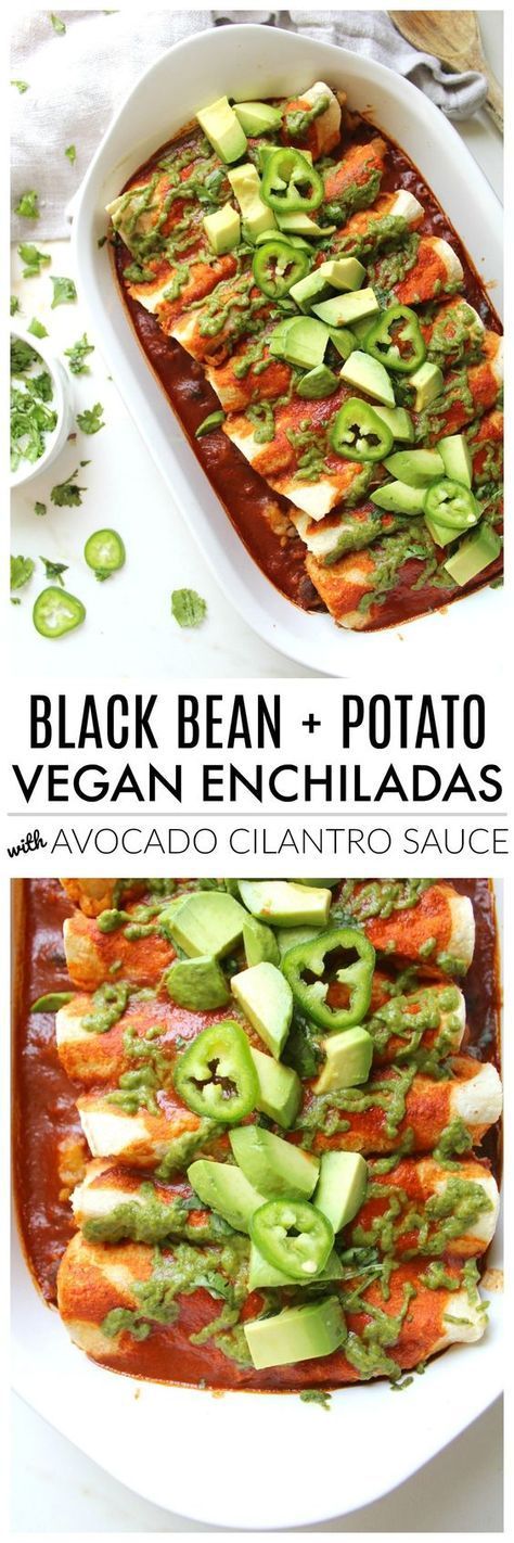 Black Bean Potato, Avocado Cilantro Sauce, Potato Enchiladas, Vegan Enchiladas, Cilantro Sauce, Savory Vegan, Idee Pasto Sano, Vegan Cooking, Meatless Meals