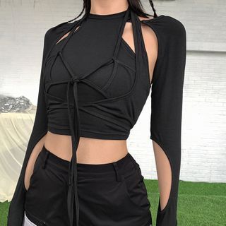 HERMITAKH Mock Two-Piece Long-Sleeve Strappy Cutout Crop Top | YesStyle Bandage Crop Top, Cutout Crop Top, Gothic Shirts, Black Punks, Long Sleeve Workout, Tshirt Women, Ladies Top, Harajuku Streetwear, Summer Crop Tops