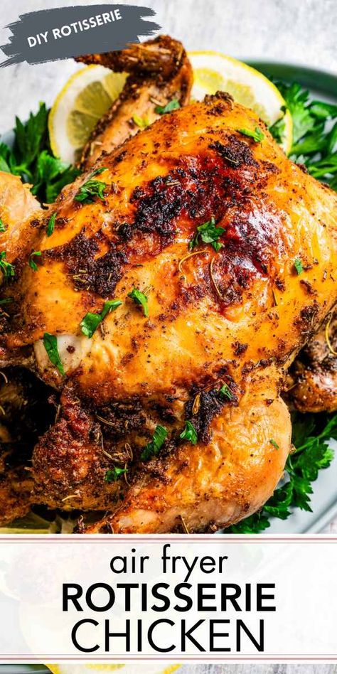 This delicious air fryer rotisserie chicken is simply irresistible. Gently seasoned with Herbes de Provence wet rub, it's moist, tender, and flavorful with a crispy, crackly skin on top! Air Fryer Whole Chicken Recipe, Air Fryer Whole Chicken, Whole Chicken Recipe, Low Carb Pork, Whole Chicken Recipes, Best Air Fryer, Whole Roasted Chicken, Dinner Meal Prep, Air Fryer Recipes Chicken