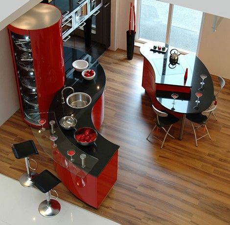 Futuristic Kitchen Design, Contemporary Kitchen Interior, Red Kitchen Cabinets, Curved Kitchen, Red Kitchen Decor, Minimalist Kitchen Design, Kitchen And Dining Room, Contemporary Kitchen Design, Kitchen Island Design