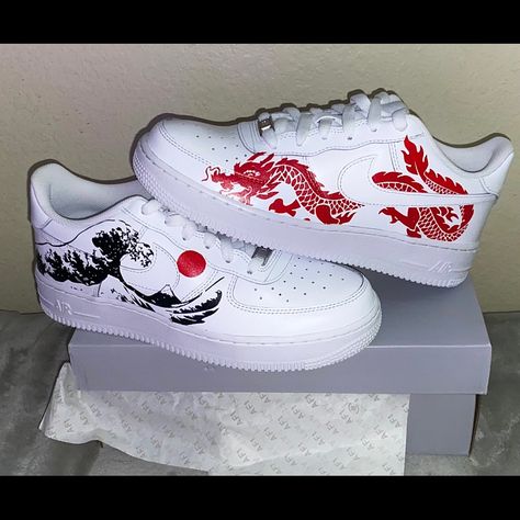 Bought For Myself But Ended Up Being A Bit Too Big Nike Shoes Custom, Sepatu Air Jordan, Dragon Air, Vans Clothing, Custom Sneakers Diy, Painted Nikes, Custom Painted Shoes, Painted Sneakers, Custom Nike Shoes