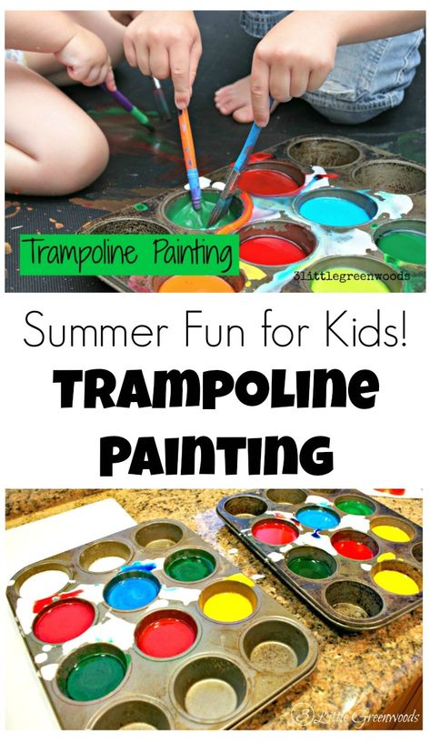 Summer Activities for Kids: Trampoline Painting is a super fun activity with homemade paint that is perfect summer fun! by 3 Little Greenwoods Home Summer Activities For Kids, Pioneer Games, Crafts Illustration, Party Corner, Nanny Ideas, Cookout Party, Diy Crafts Ideas, Random Kid, Homemade Paint