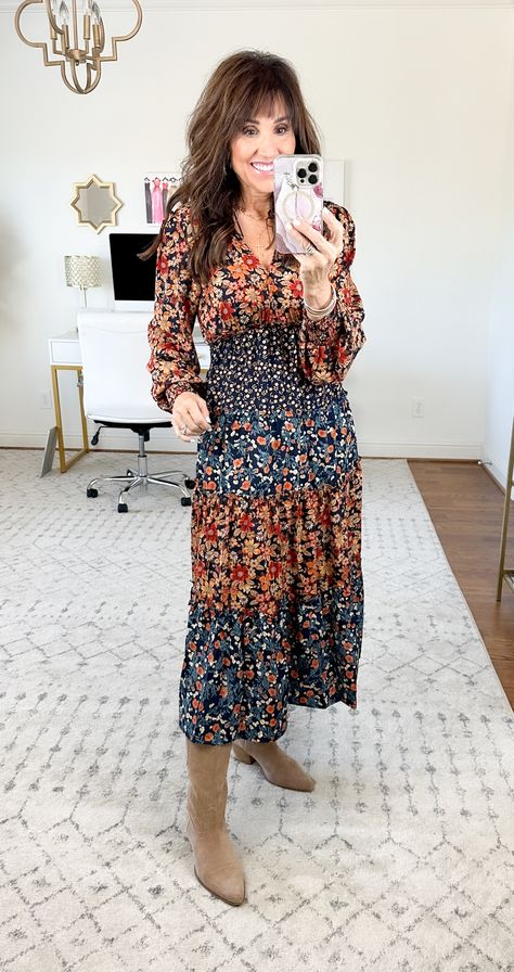 Cyndi Spivey 2023, Fall Dresses 2023, Cyndi Spivey Fall 2023, Fall Maxi Dress Outfit, Cindy Spivey Fall 2023, Petite Fall Outfits, Fall Floral Print Button-up Maxi Dress, Long Sleeve Dresses Fall, Casual Holiday Outfits