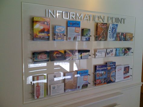 creative brochure displays - Google Search Church Lobby Design, Church Welcome Center, Church Foyer, Church Lobby, Brochure Display, Lobby Ideas, Church Inspiration, Church Interior Design, Church Office