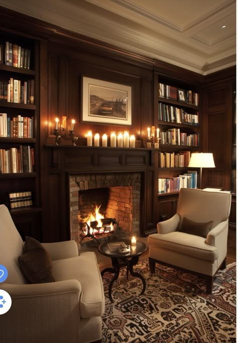 English Home Library, Snug Library, Library Aesthetic Room, Build In Bookshelves, Reading Room Aesthetic, Fireplace Library, Home Library Aesthetic, In Home Library, At Home Library