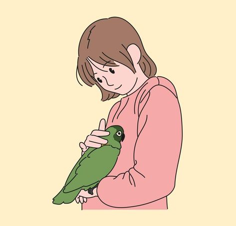 A girl is enjoying her pet parrot. hand drawn style vector design illustrations. Parrot Illustration Cute, Anime Parrot, Parrot Cartoon, Girl Bird, Minimal Drawing, Parrot Drawing, Bird Doodle, Pet Parrot, Arm Drawing