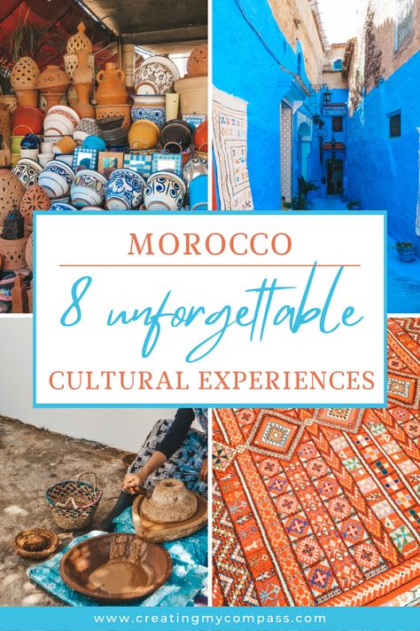 Things to do in Morocco: 8 unforgettable cultural experiences . background shows four images - a hand-woven rug, a stack of pottery, a bright blue street with rugs hanging along it, and a woman with long sleeves and a long skirt seated, turning a mill to grind amlou. Morocco Activities, Cultural Activities, Cultural Experience, 2024 Vision, Trip Planning, Adventure Travel, Morocco, Vision Board, Things To Do