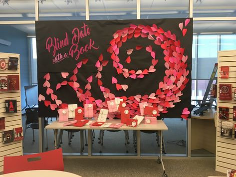 February Library Display.  Blind Date with a Book Library Lovers Day, February Library Bulletin Board Ideas, Valentines Library Display, Library Valentines Display, Valentines Middle School, Book Fair Ideas Display, Middle School Library Displays, Library Valentines, School Library Activities