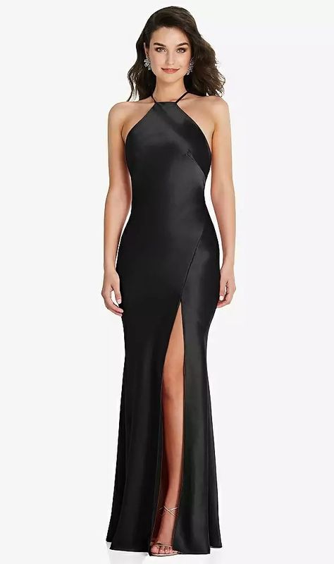 Size: Medium Color: Caviar (discontinued color) Fabric: Lux Charmeuse Alfred Sung Bridesmaid Dresses, Halter Strap Dress, Bias Slip Dress, Dresses In Black, Charmeuse Dress, Stunning Bridesmaid Dresses, Black Bridesmaids, Evening Dress Floor Length, Trumpet Gown