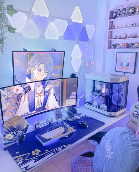 hourly ayato on Twitter: "this ayato themed setup is SO GORGEOUS… " Gamer Bedroom, Computer Gaming Room, Otaku Room, Gamer Room Decor, Pc Gaming Setup, Video Game Room Design, Video Game Rooms, Anime Room, Gaming Room Setup