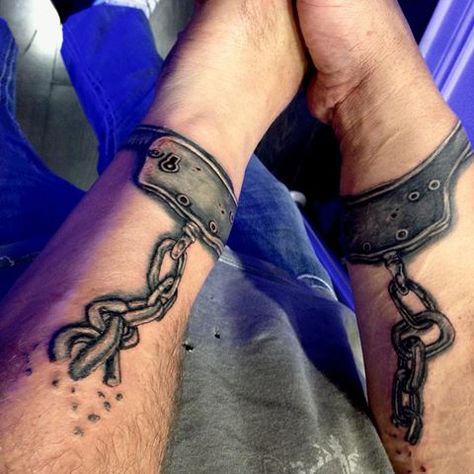 Wrist Chain Tattoo, Chain Break Tattoo, Chain Forearm Tattoo, Unbreakable Chain Tattoo, Shackles Tattoo, Shackle Tattoo, Handcuffs Tattoo Design, Chain Tattoo Men, New Chains Same Shackles Tattoo