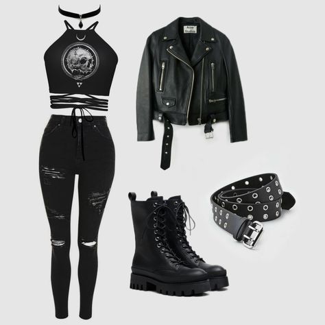 Rocker Female Outfits, Baddass Black Outfit, Womens Punk Outfits, Punk Rock Clothing Women, Female Rocker Outfit, Metalcore Concert Outfit, Bad Girl Aesthetic Outfits, Rockstar Theme Outfit, Emo Baddie Outfits